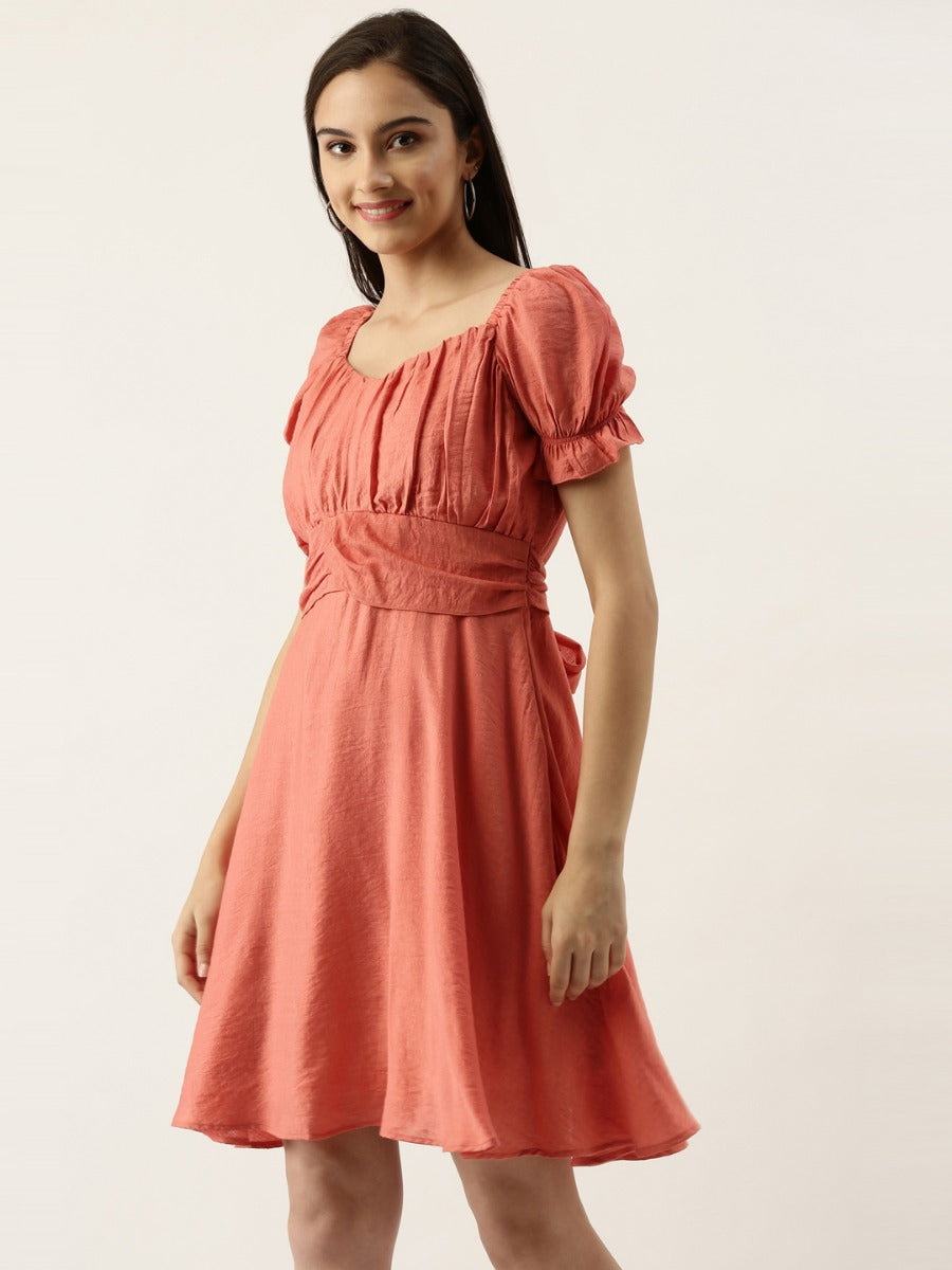 Peach Solid Puff Sleeve Short Dress For Women