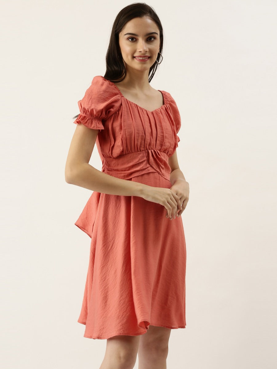 Peach Solid Puff Sleeve Short Dress