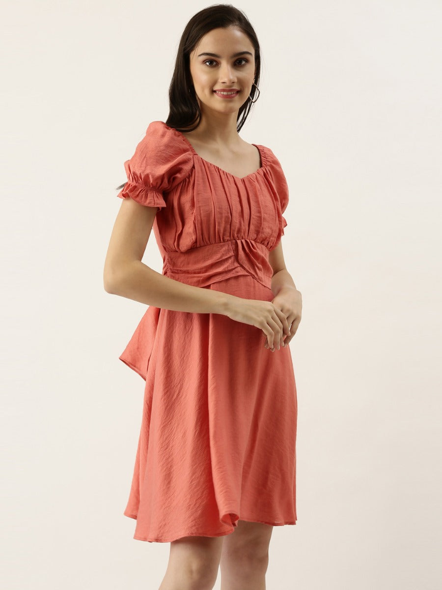 Peach Solid Puff Sleeve Short Dress For Women