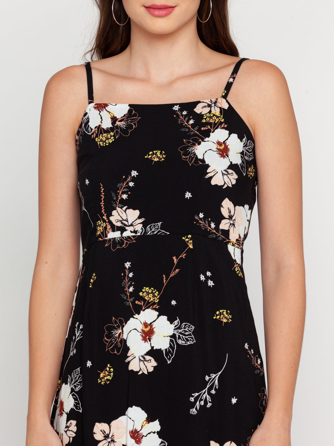 Black Floral Print Strappy Midi Dress