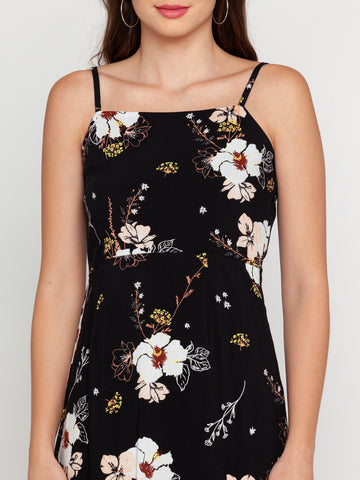 Black Floral Print Strappy Midi Dress For Women