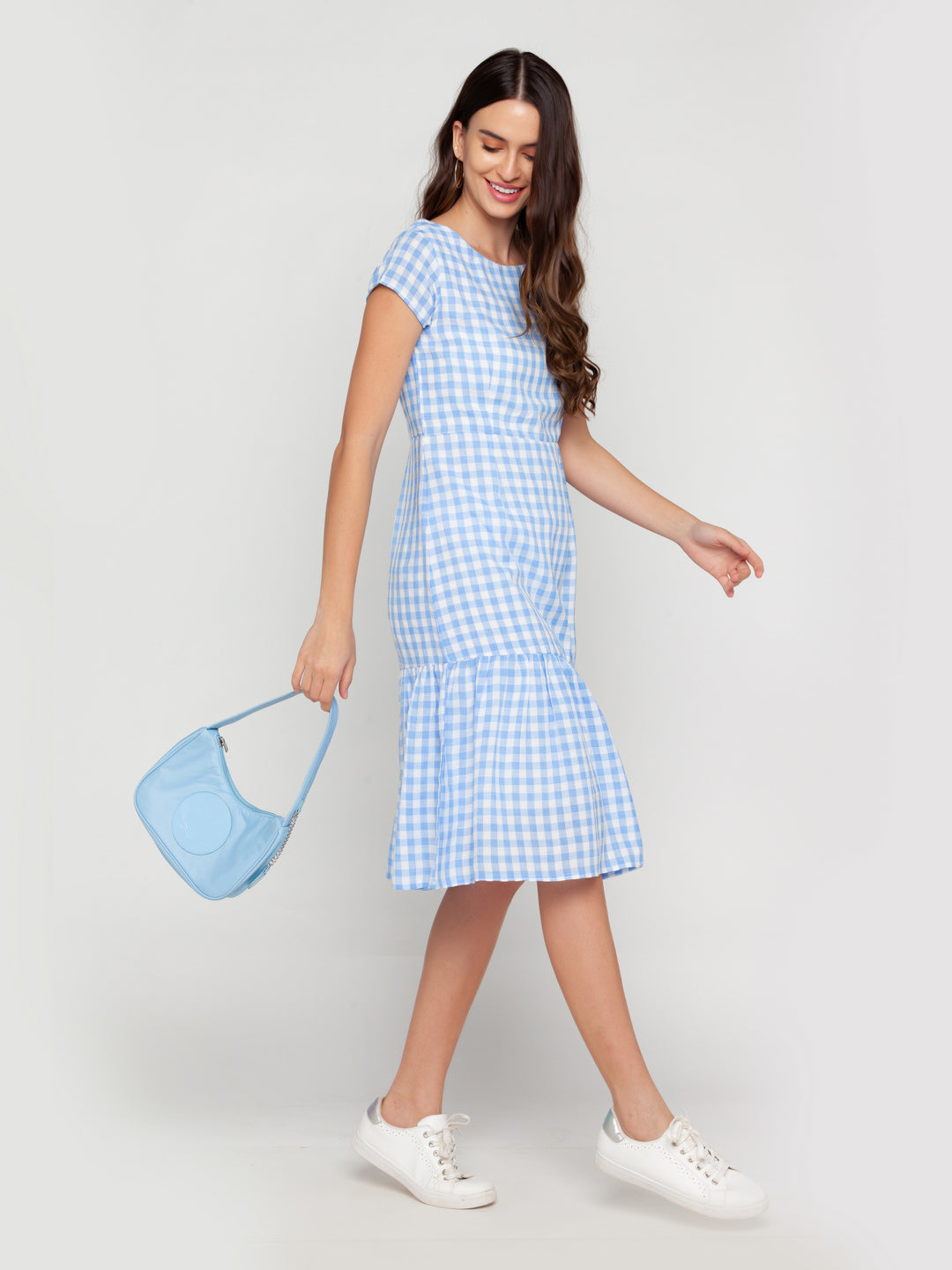 Blue Checked Midi Dress