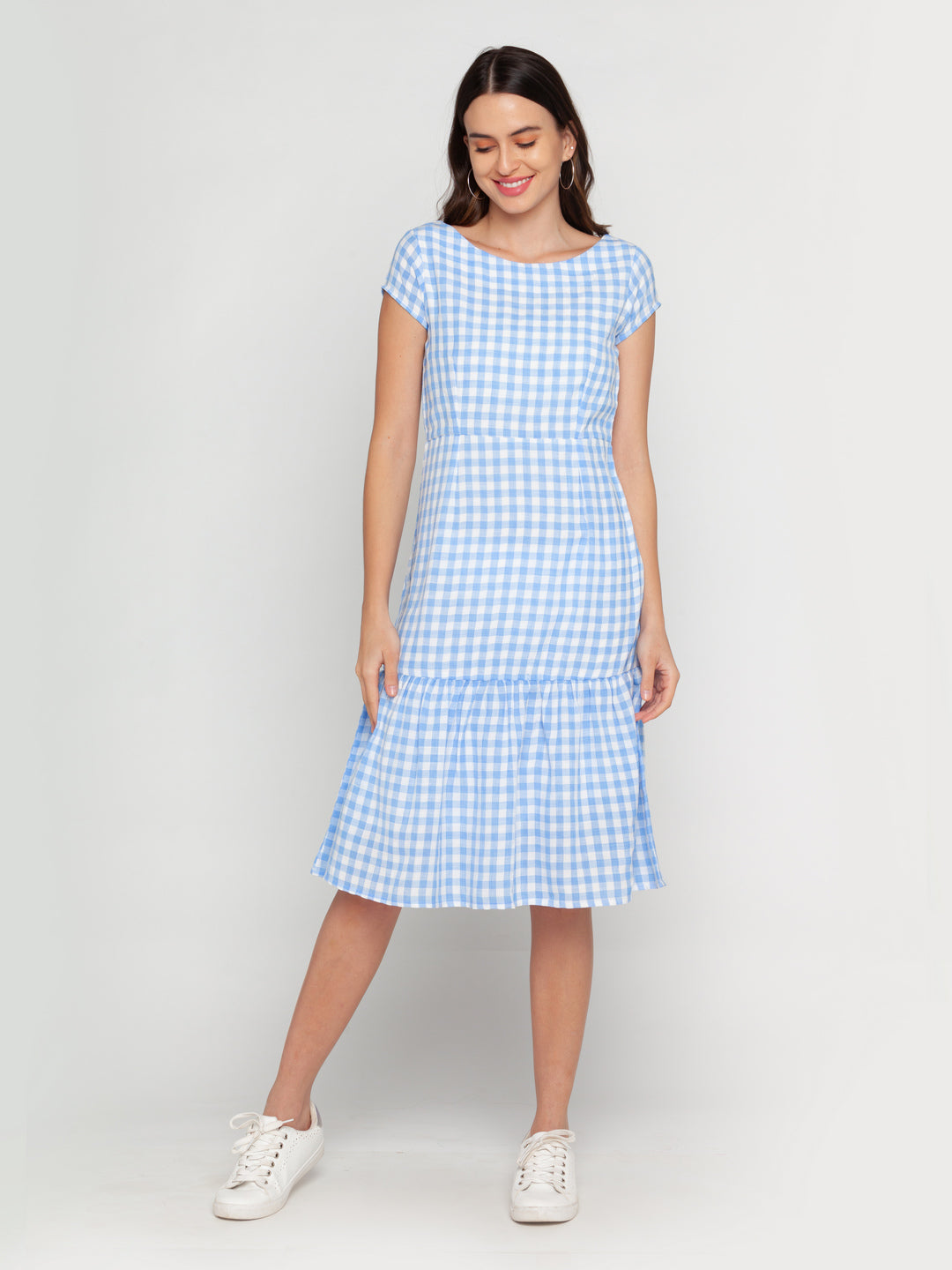 Blue Checked Midi Dress