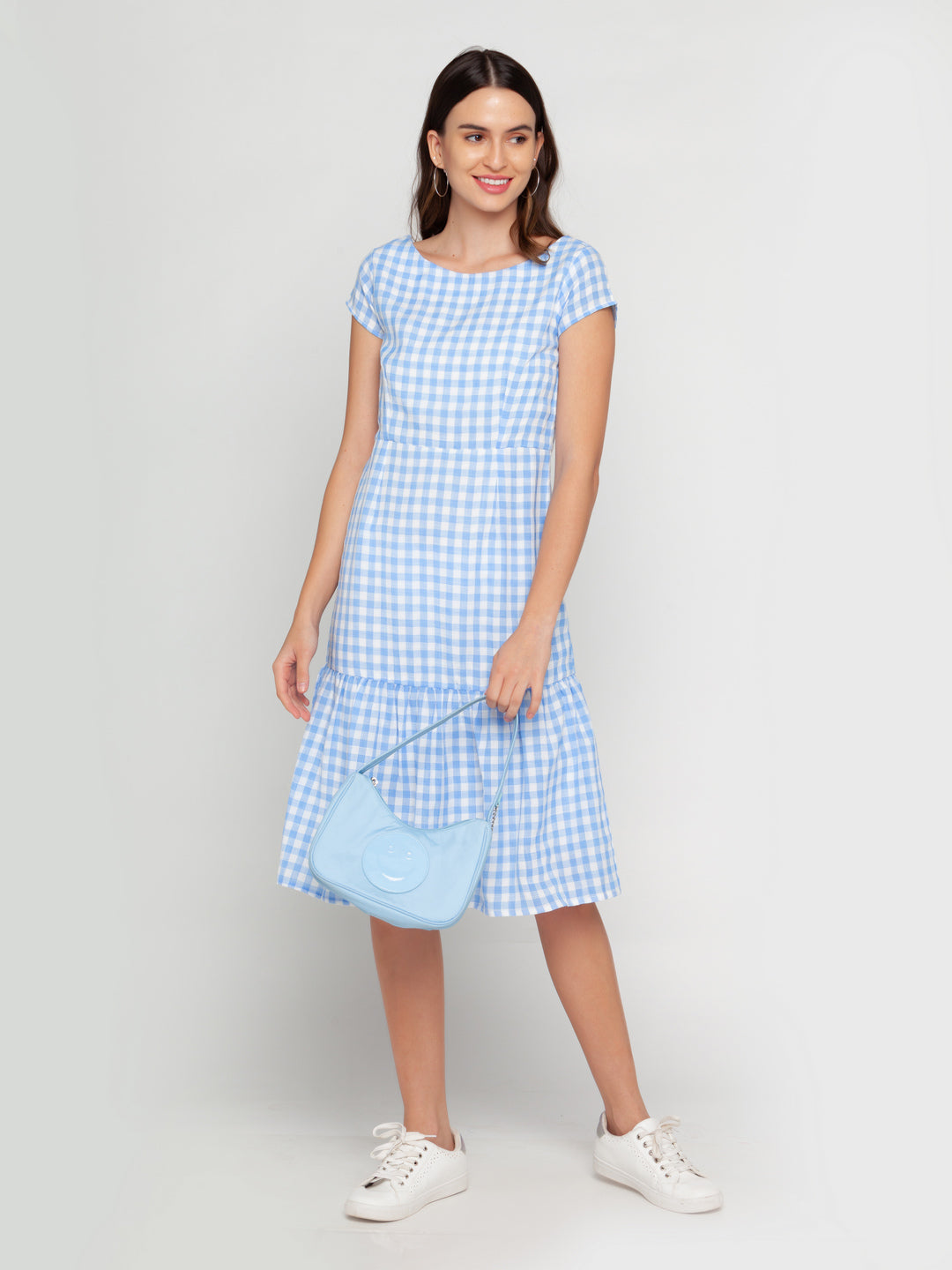 Blue Checked Midi Dress