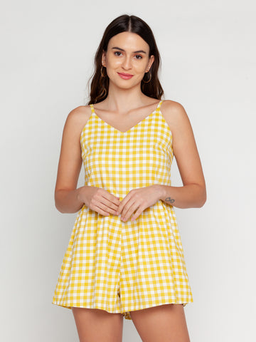 Yellow Checked Playsuit For Women