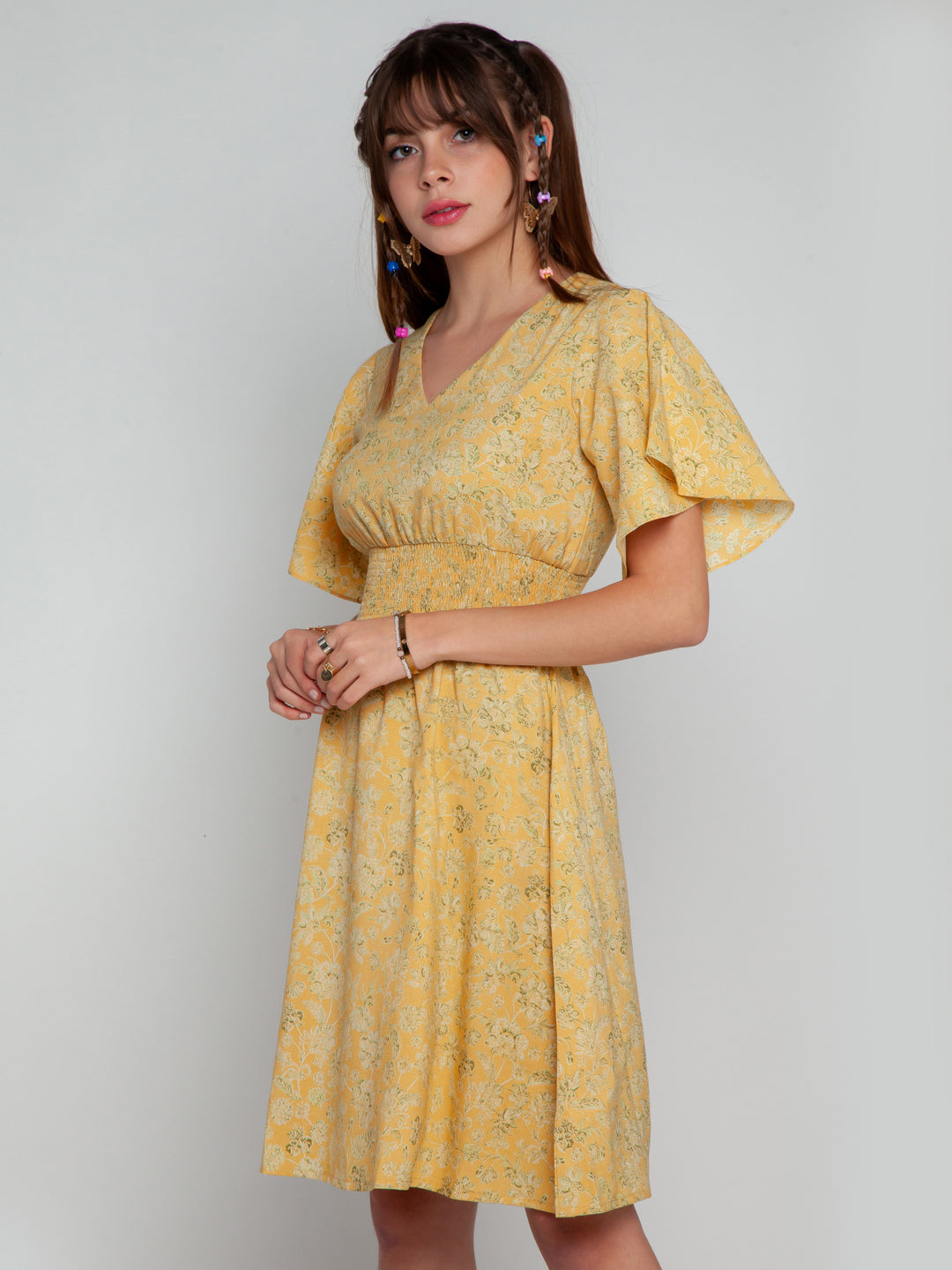 Mustard Bohemian Elasticated Short Dress For Women