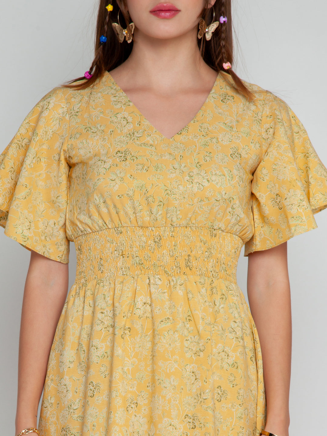 Mustard Bohemian Elasticated Short Dress For Women