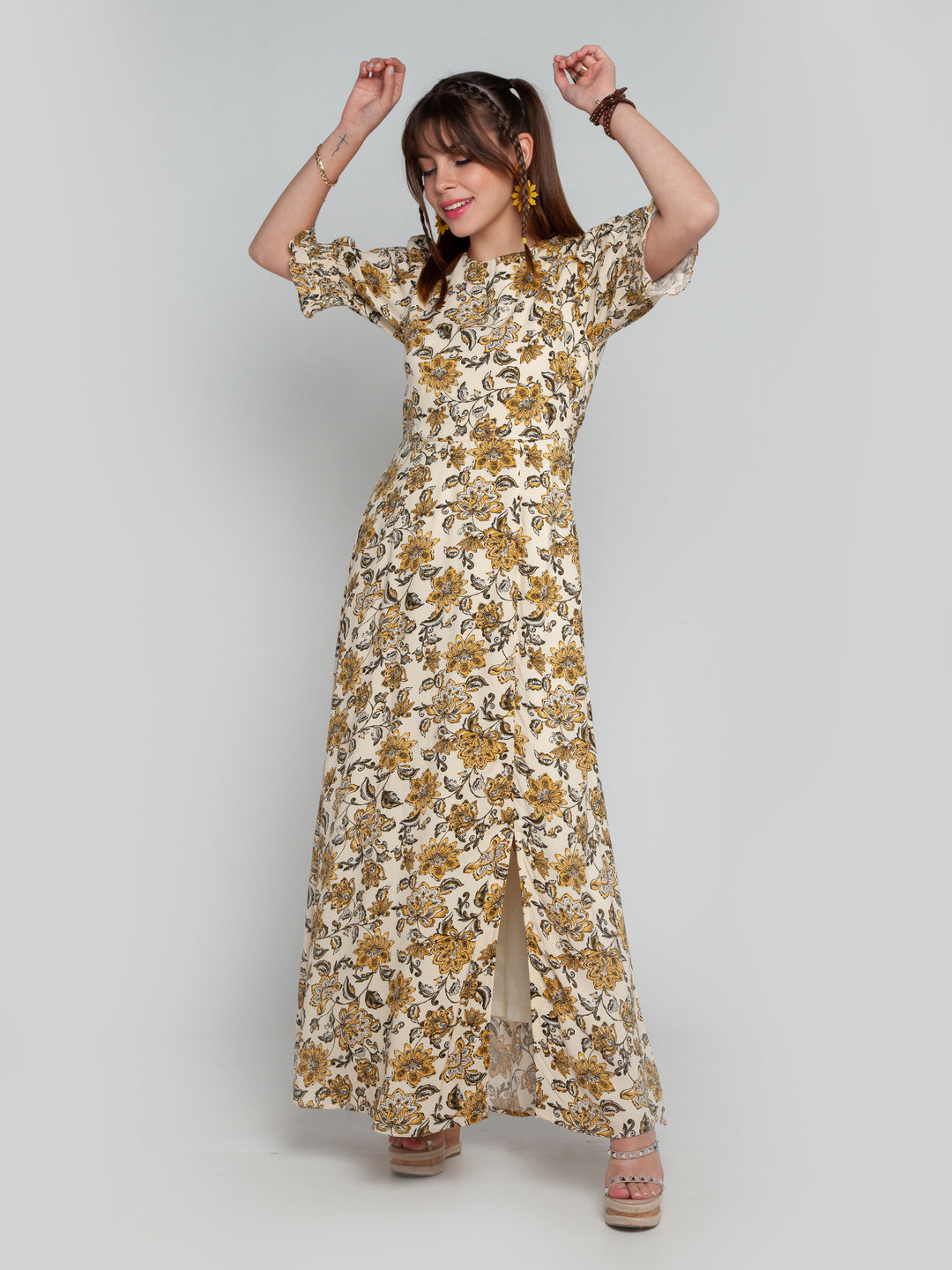 Cream Printed Puff Sleeve Maxi Dress