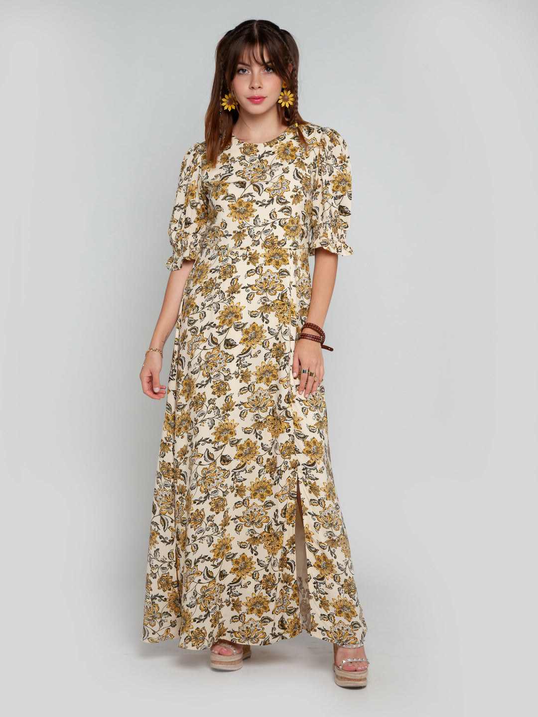 Cream Printed Puff Sleeve Maxi Dress For Women