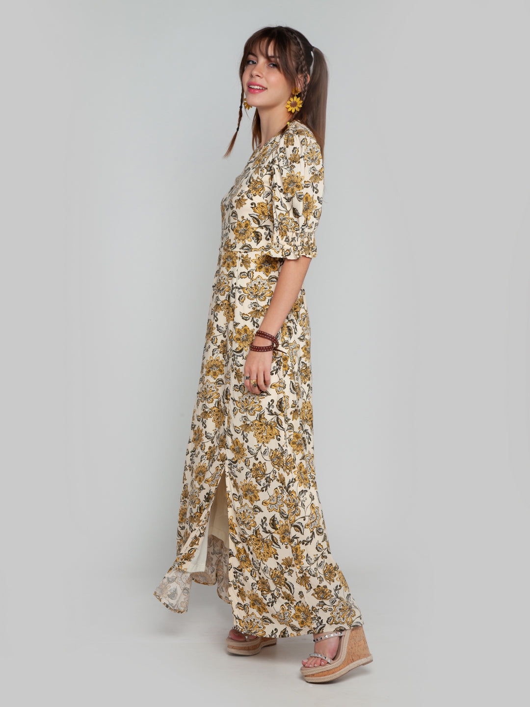Cream Printed Puff Sleeve Maxi Dress For Women