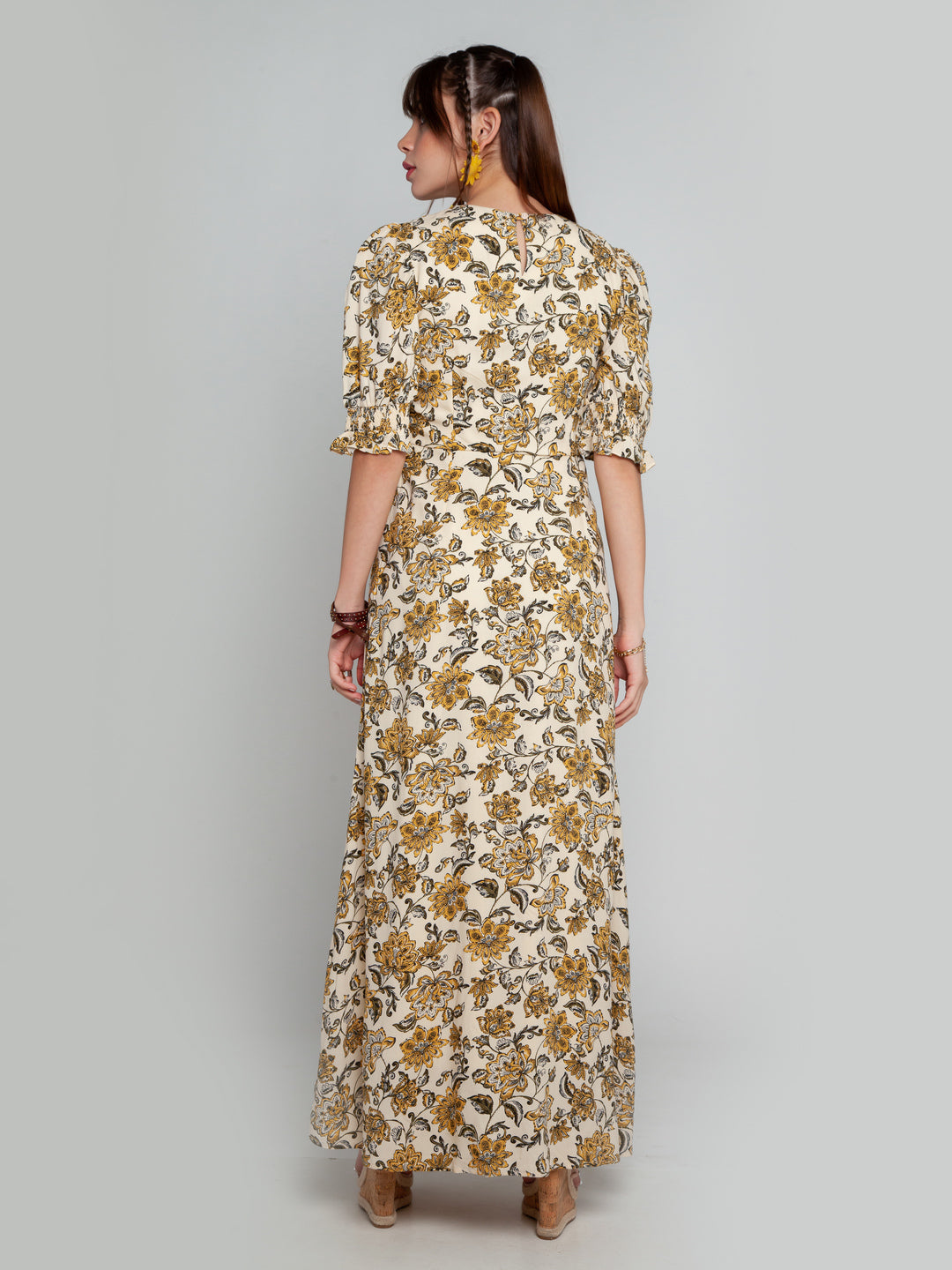 Cream Printed Puff Sleeve Maxi Dress