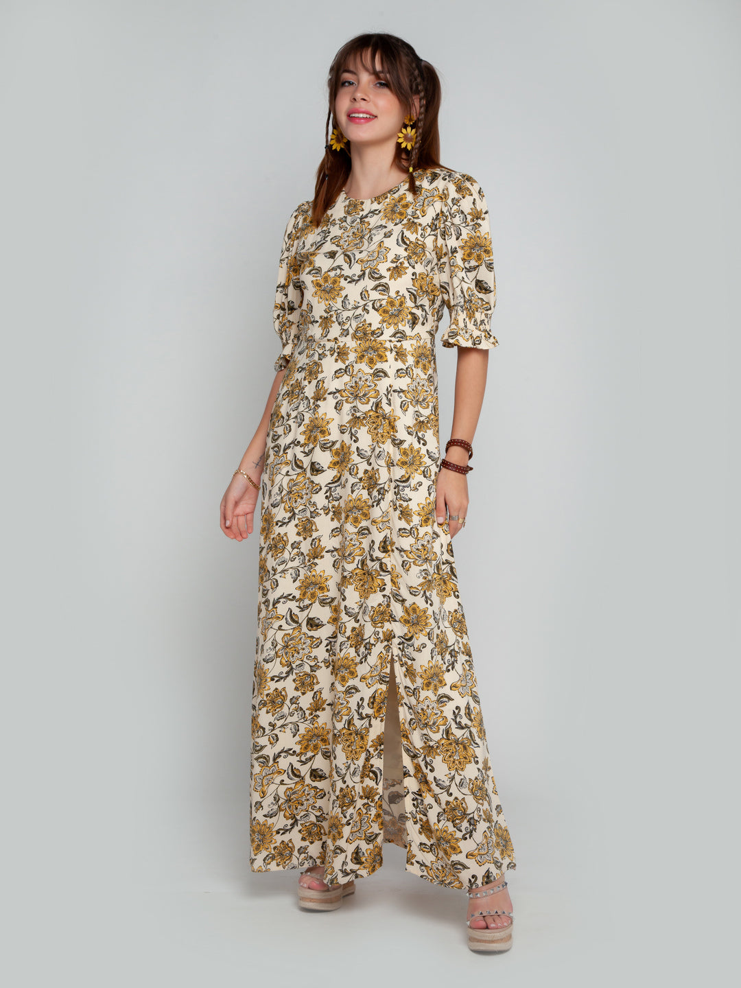 Cream Printed Puff Sleeve Maxi Dress