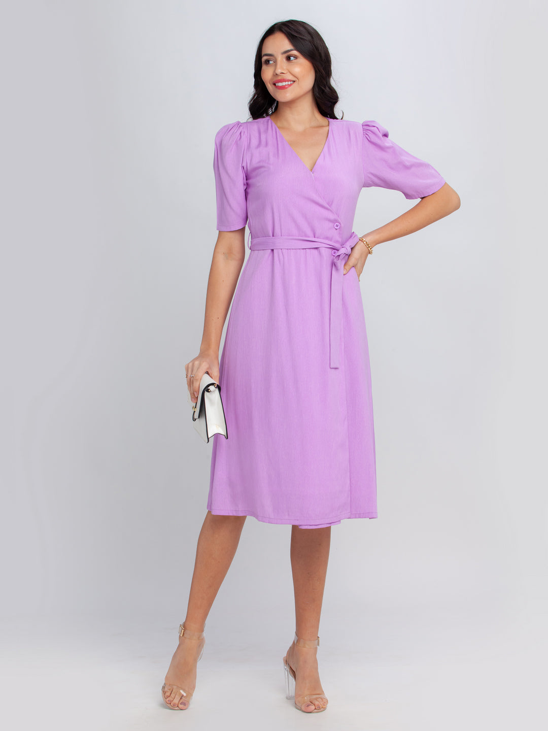 Purple Solid Puff Sleeve Midi Dress