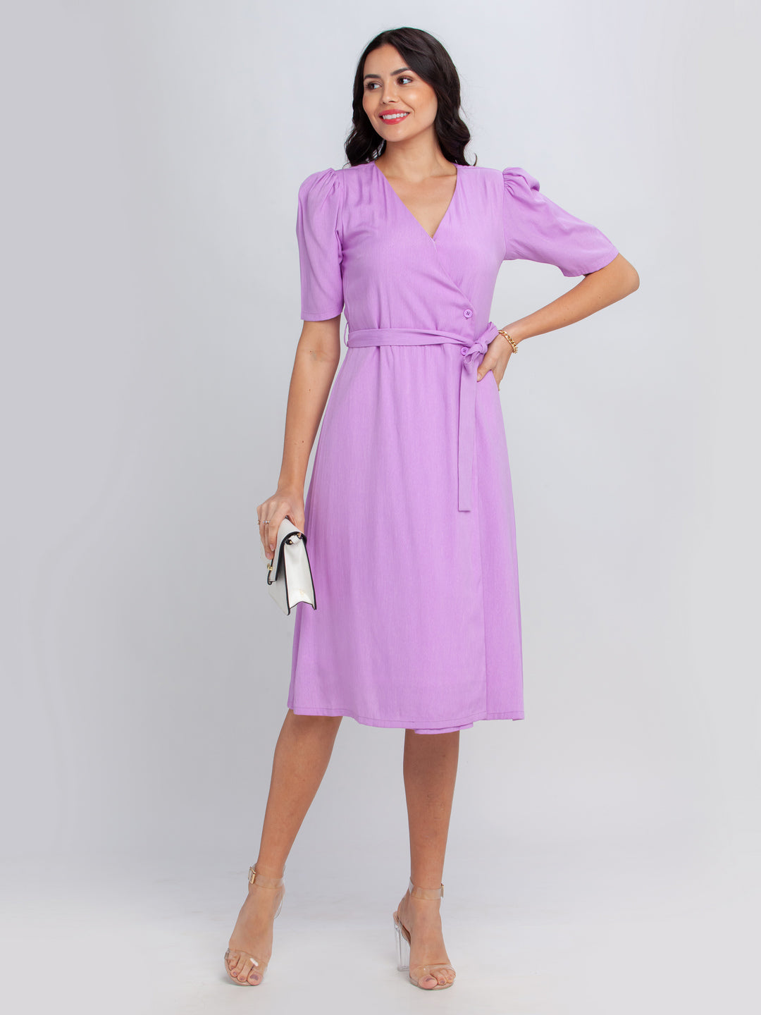 Purple Solid Puff Sleeve Midi Dress For Women