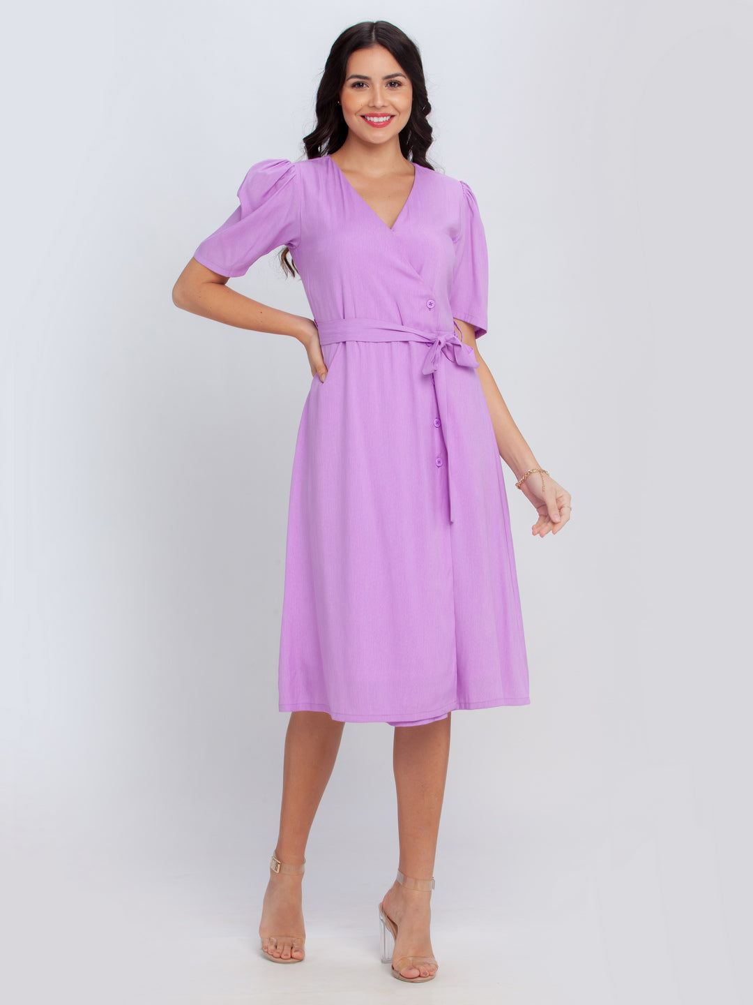 Purple Solid Puff Sleeve Midi Dress