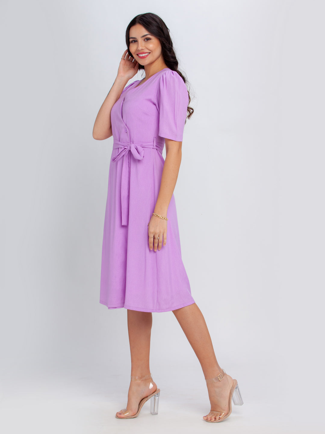 Purple Solid Puff Sleeve Midi Dress For Women