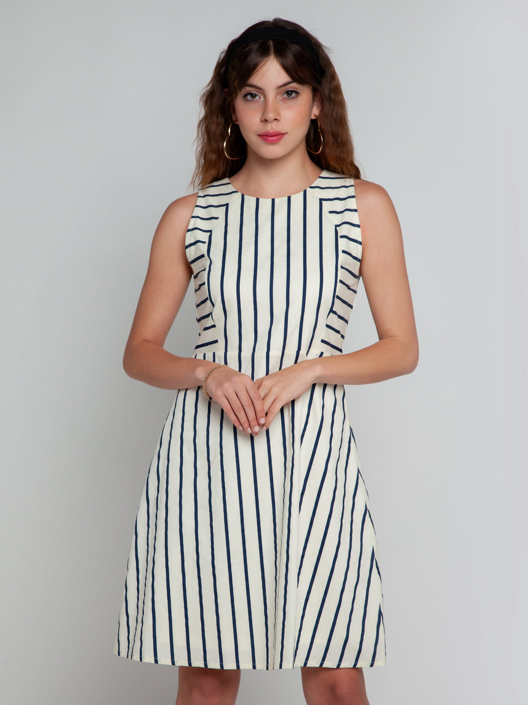 White Striped Short Dress For Women