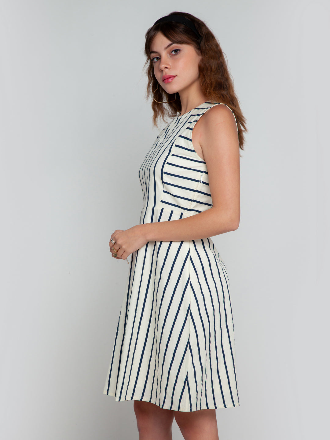 White Striped Short Dress For Women