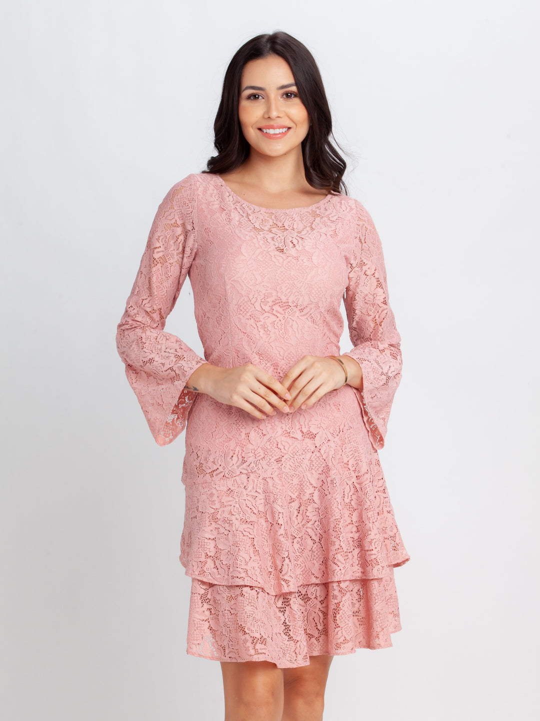 Pink Lace Flared Sleeve Short Dress