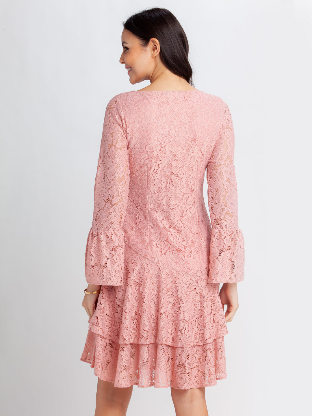 Pink Lace Flared Sleeve Short Dress