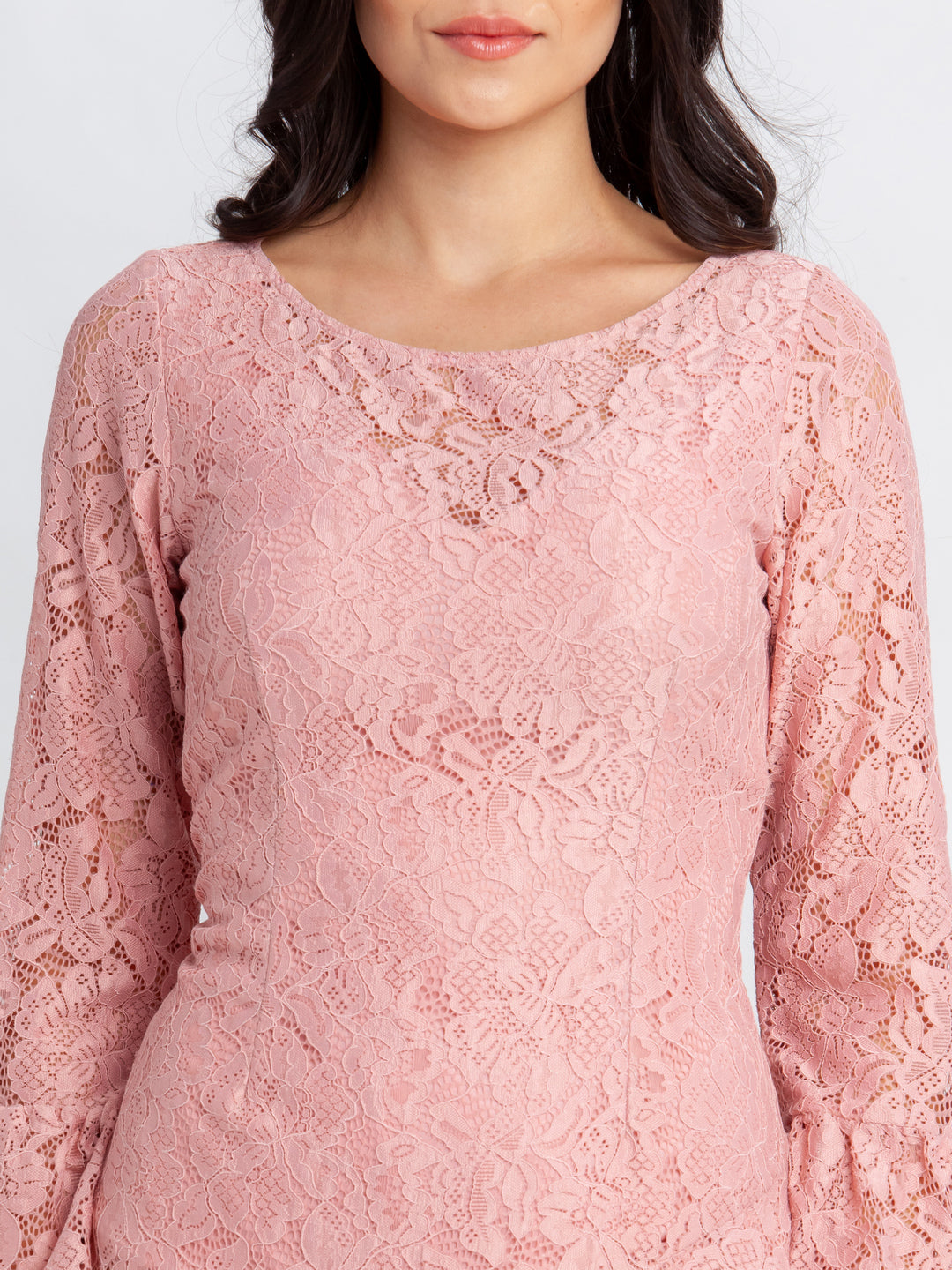 Pink Lace Flared Sleeve Short Dress For Women