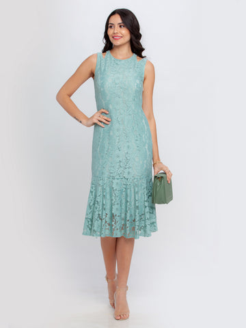 Green Lace Fitted Midi Dress For Women