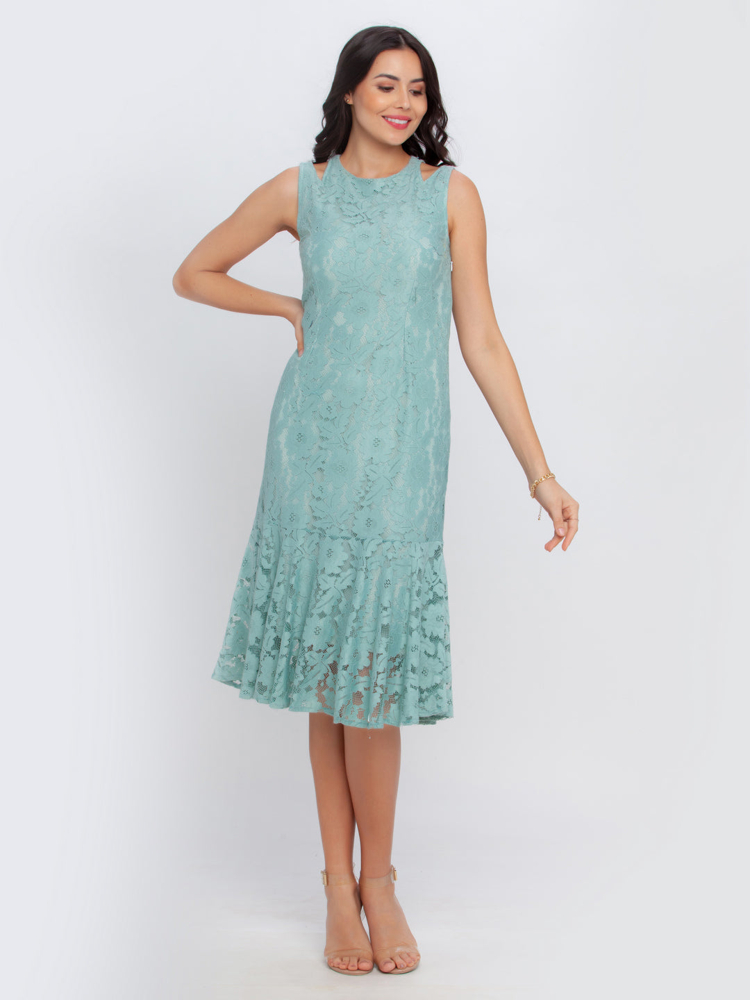 Green Lace Fitted Midi Dress For Women