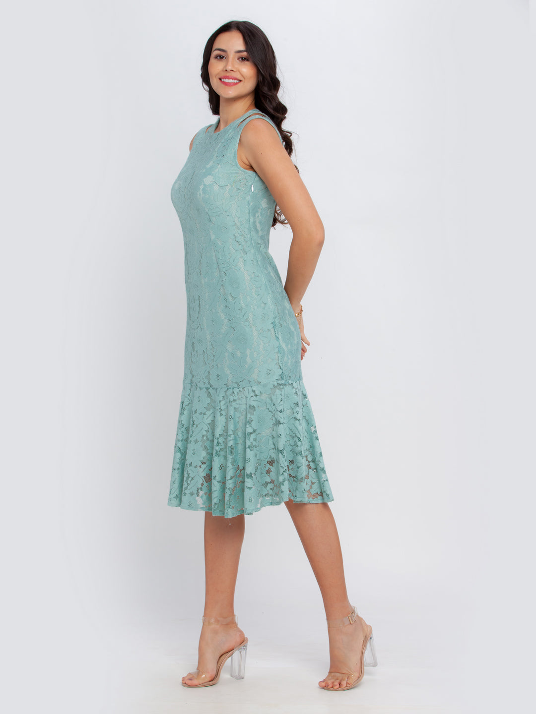 Green Lace Fitted Midi Dress For Women