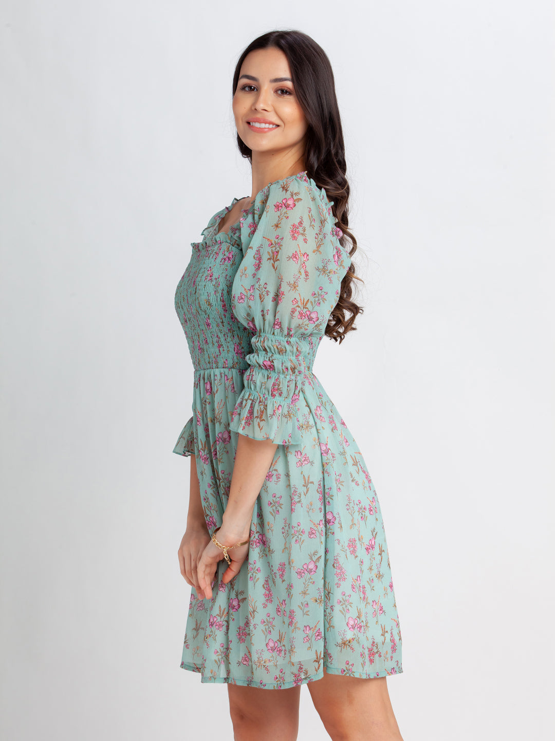 Green Printed Elasticated Short Dress