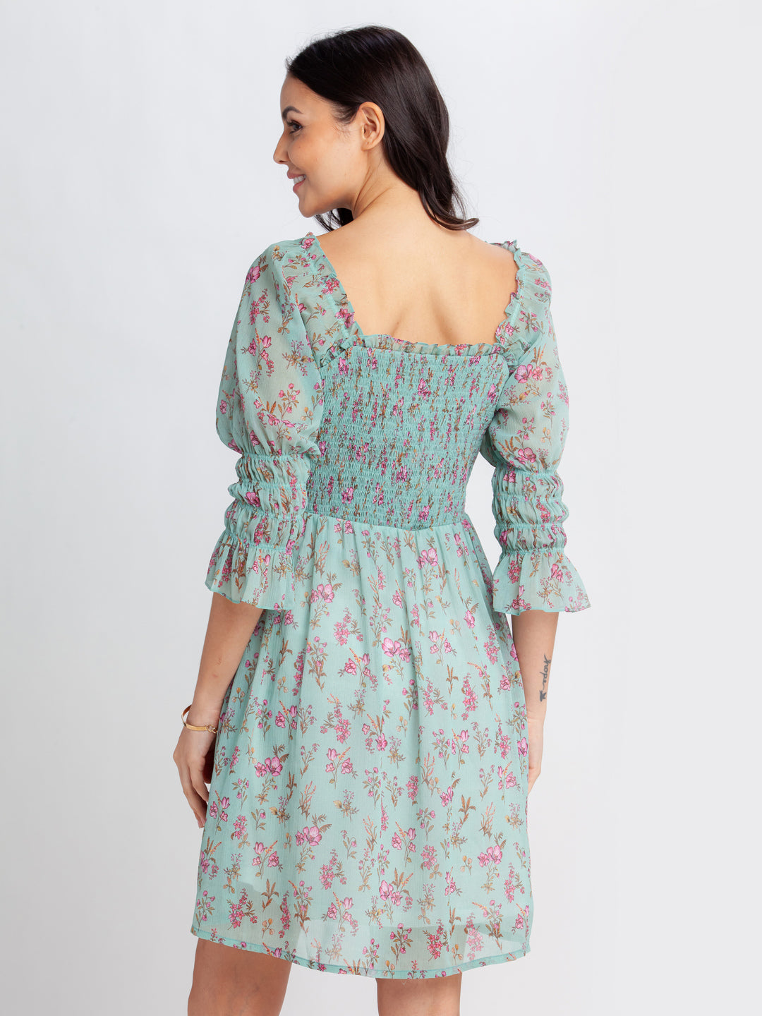 Green Printed Elasticated Short Dress