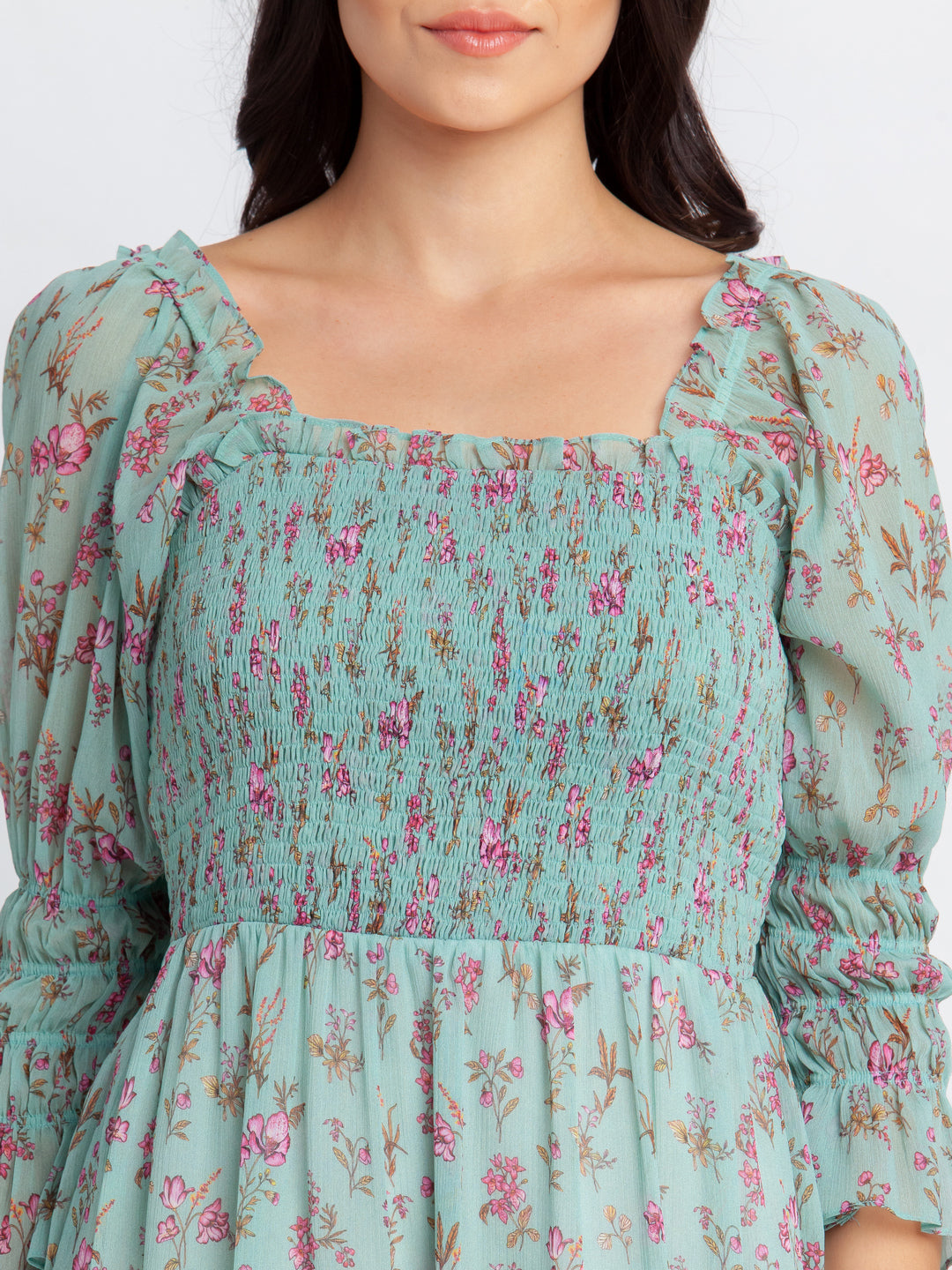 Green Printed Elasticated Short Dress