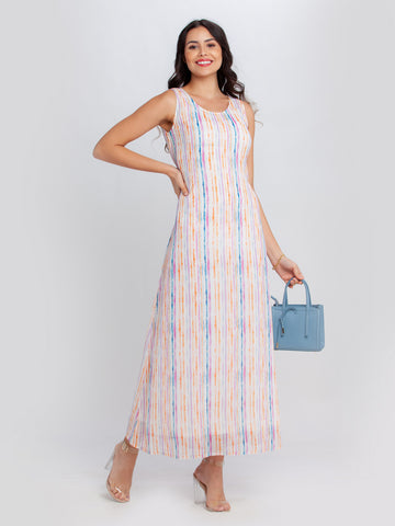 Off White Printed Tie-Up Maxi Dress For Women