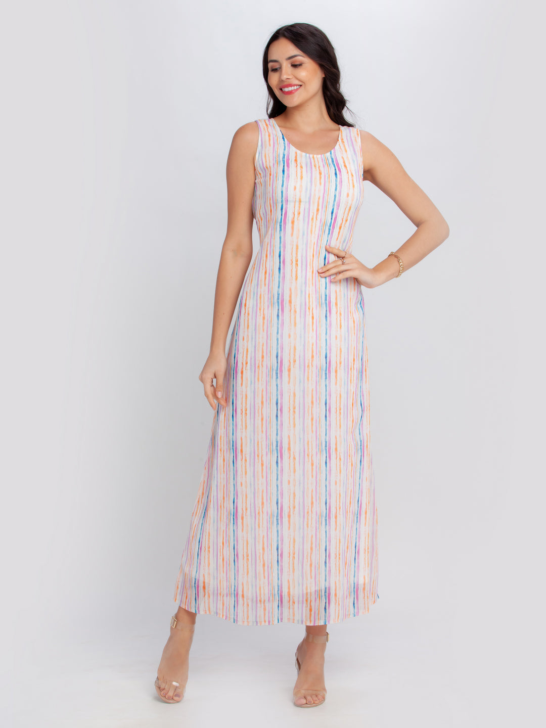 Off White Printed Tie-Up Maxi Dress