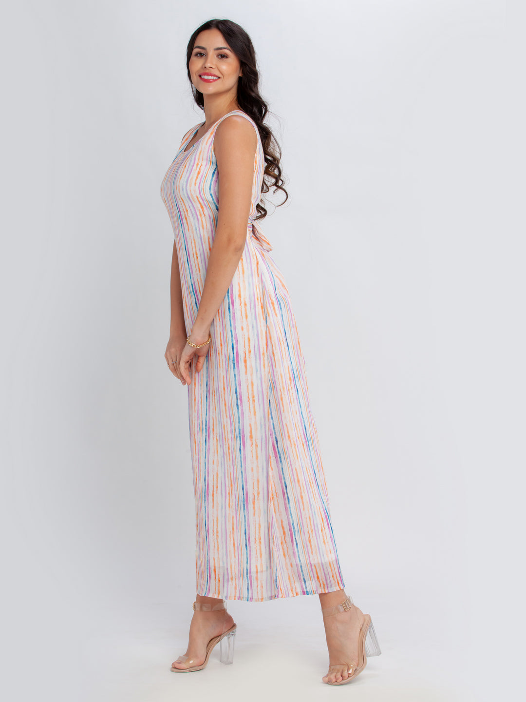 Off White Printed Tie-Up Maxi Dress