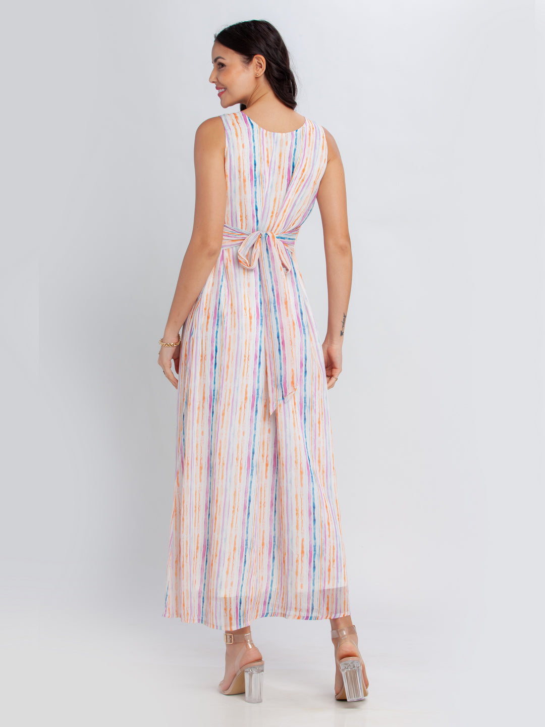 Off White Printed Tie-Up Maxi Dress