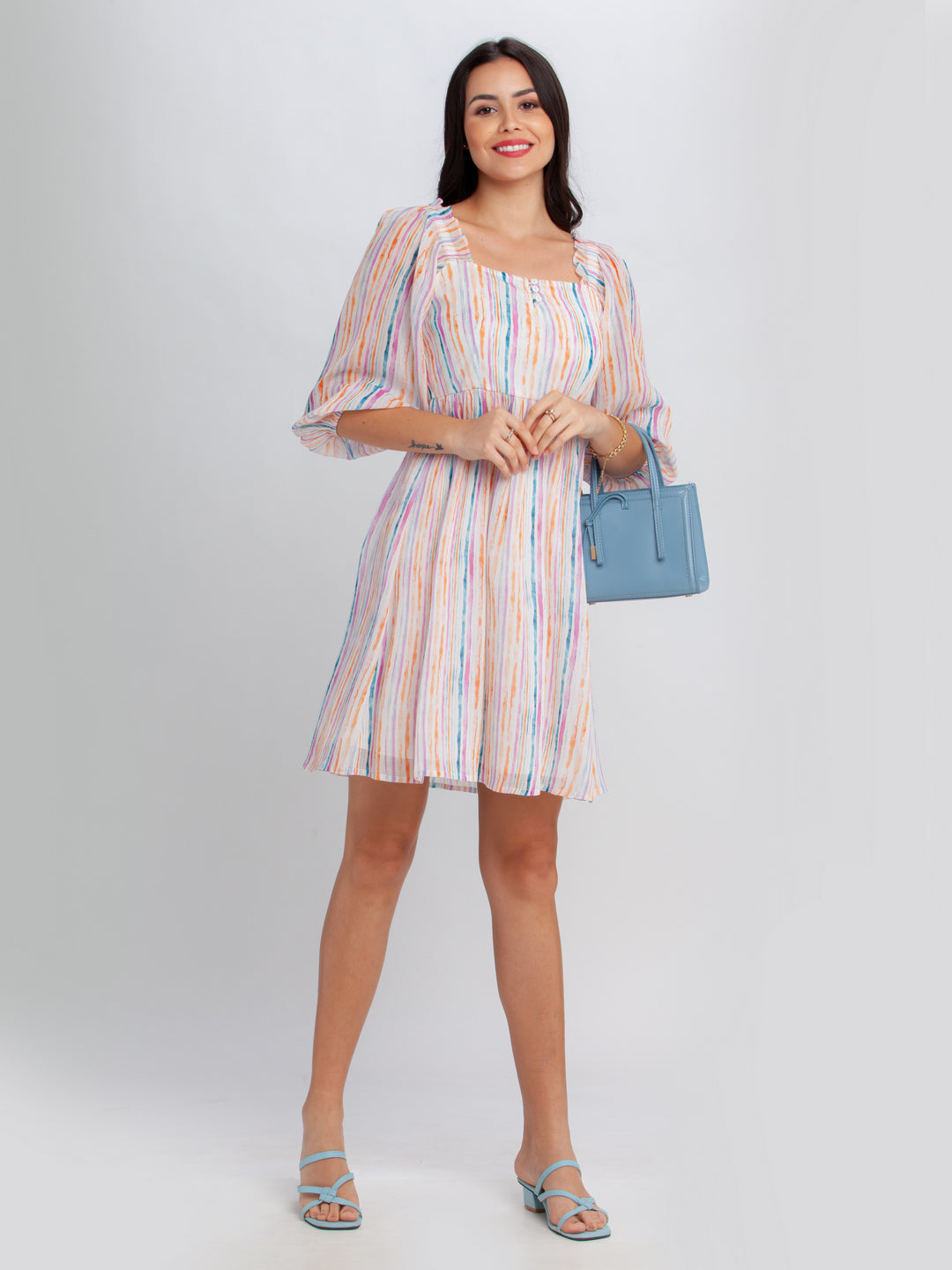 Off White Printed Puff Sleeve Short Dress For Women