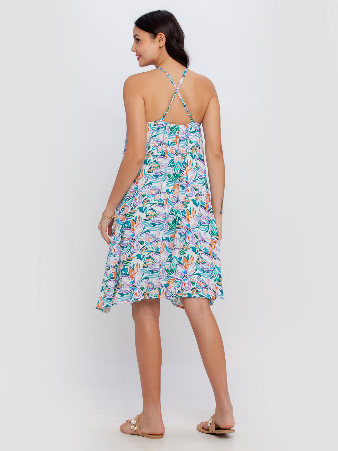 Off White Printed Strappy Short Dress For Women