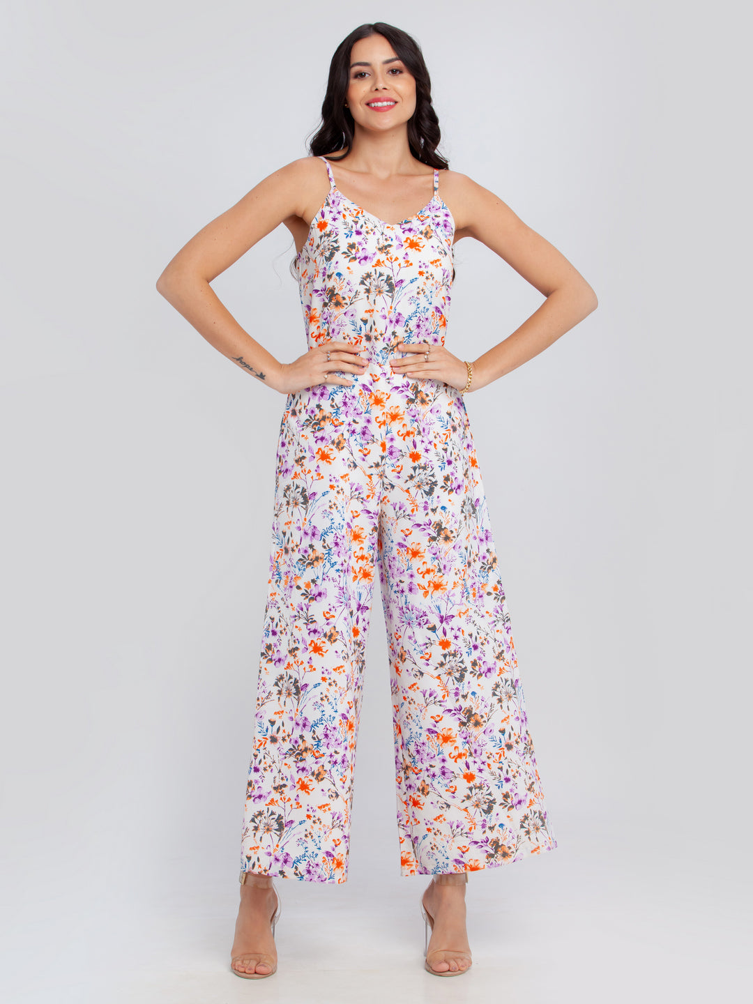 Off White Printed Strappy Jumpsuit For Women