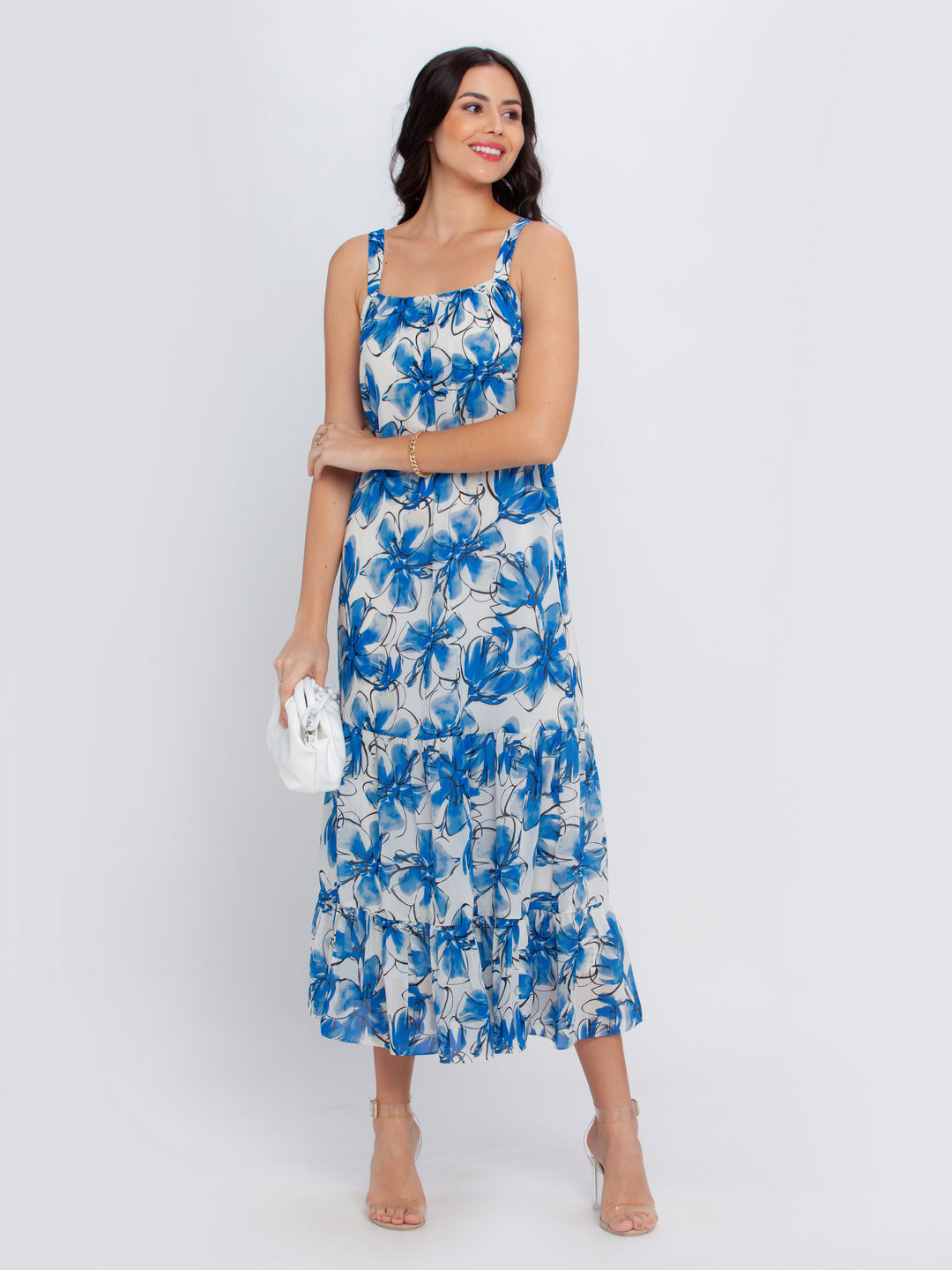Off White Printed Flared Maxi Dress For Women