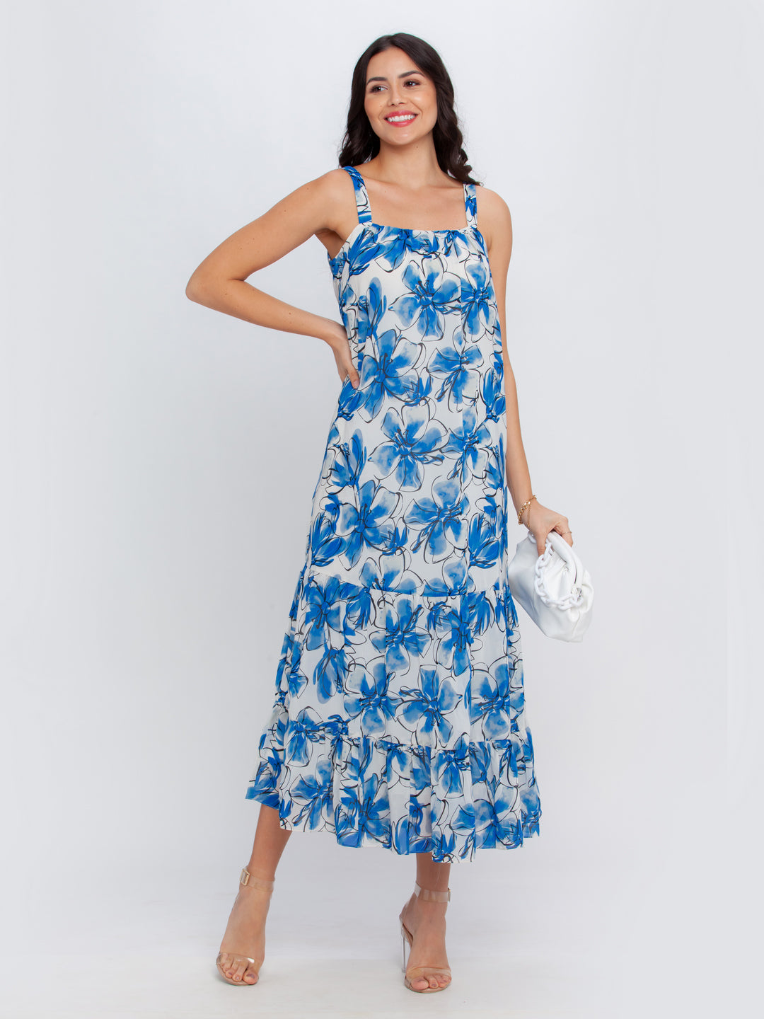 Off White Printed Flared Maxi Dress For Women