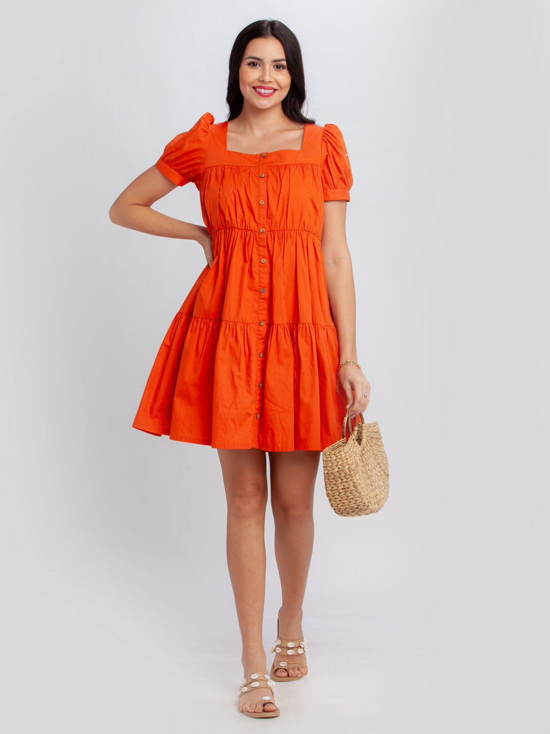 Orange Solid Tiered Short Dress