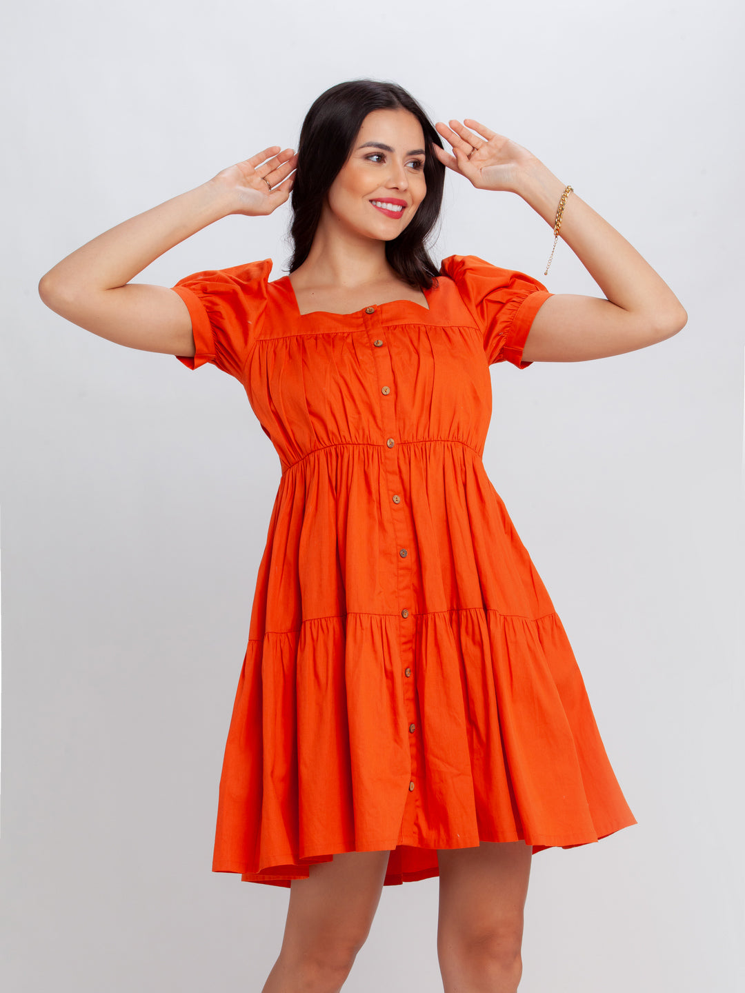 Orange Solid Tiered Short Dress