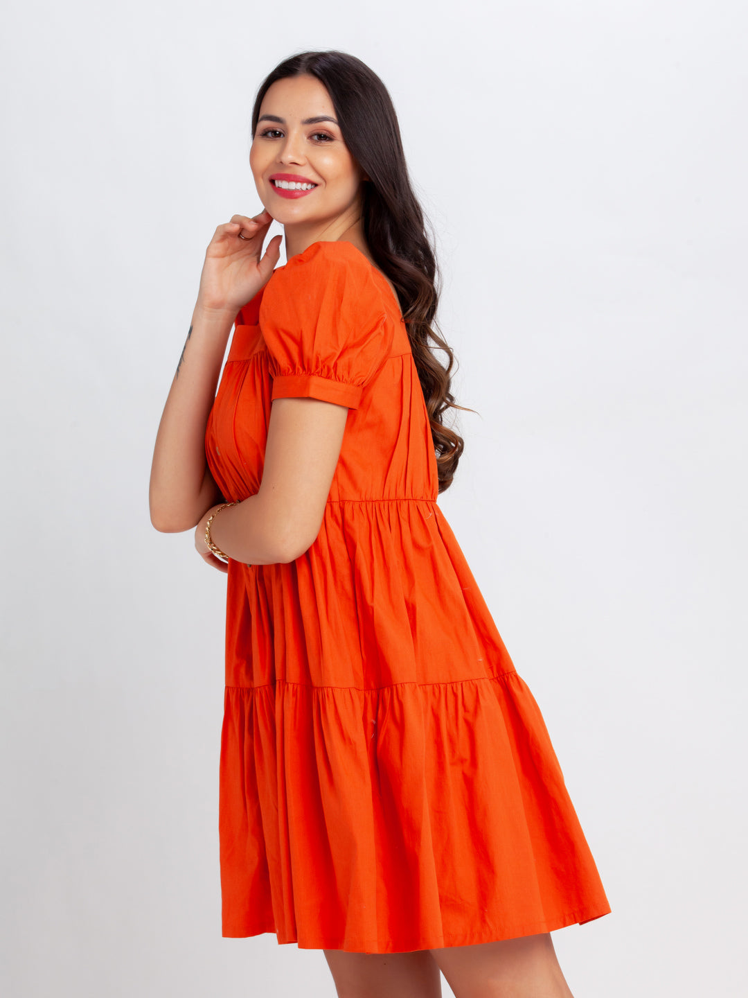 Orange Solid Tiered Short Dress