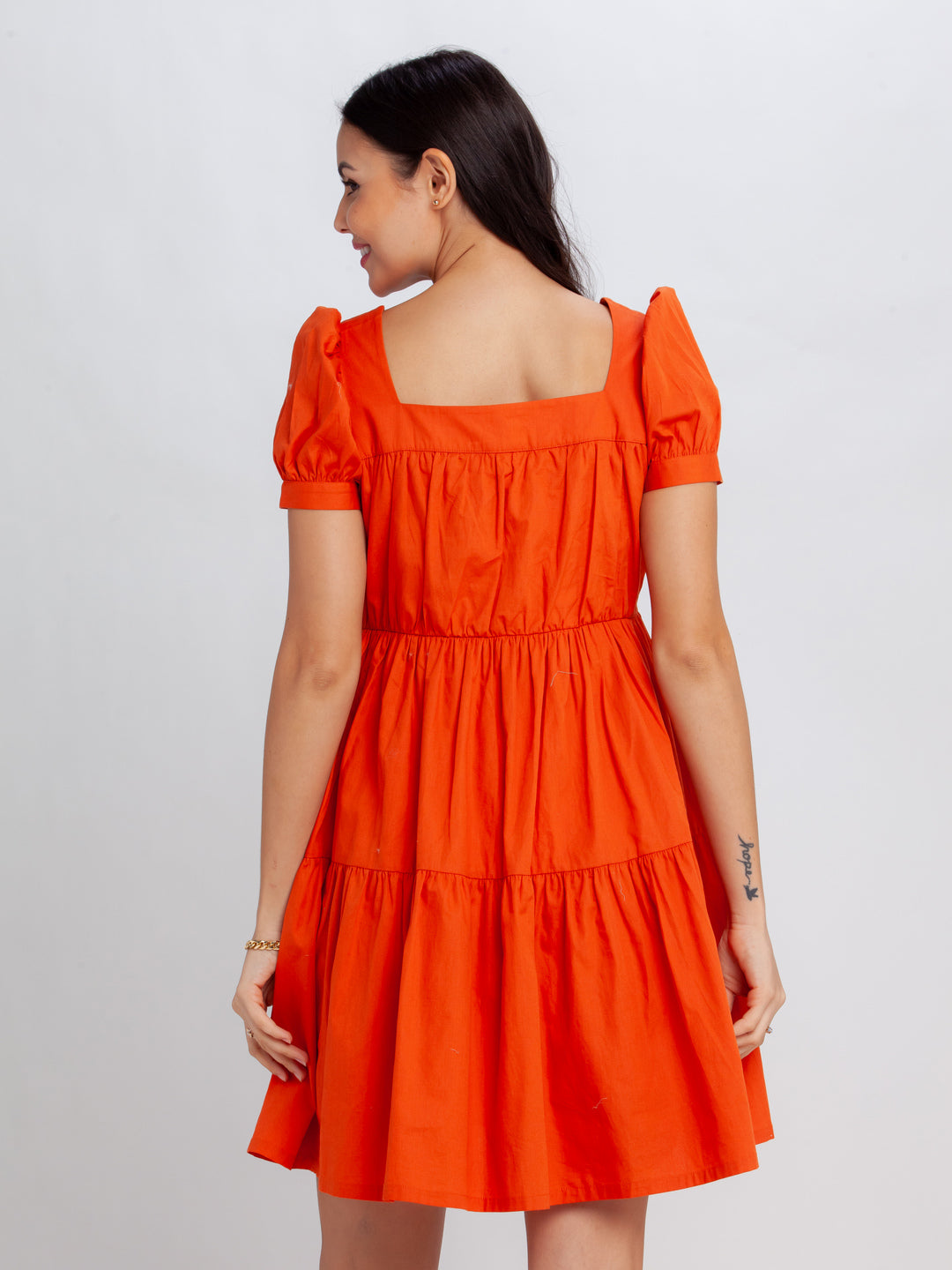 Orange Solid Tiered Short Dress