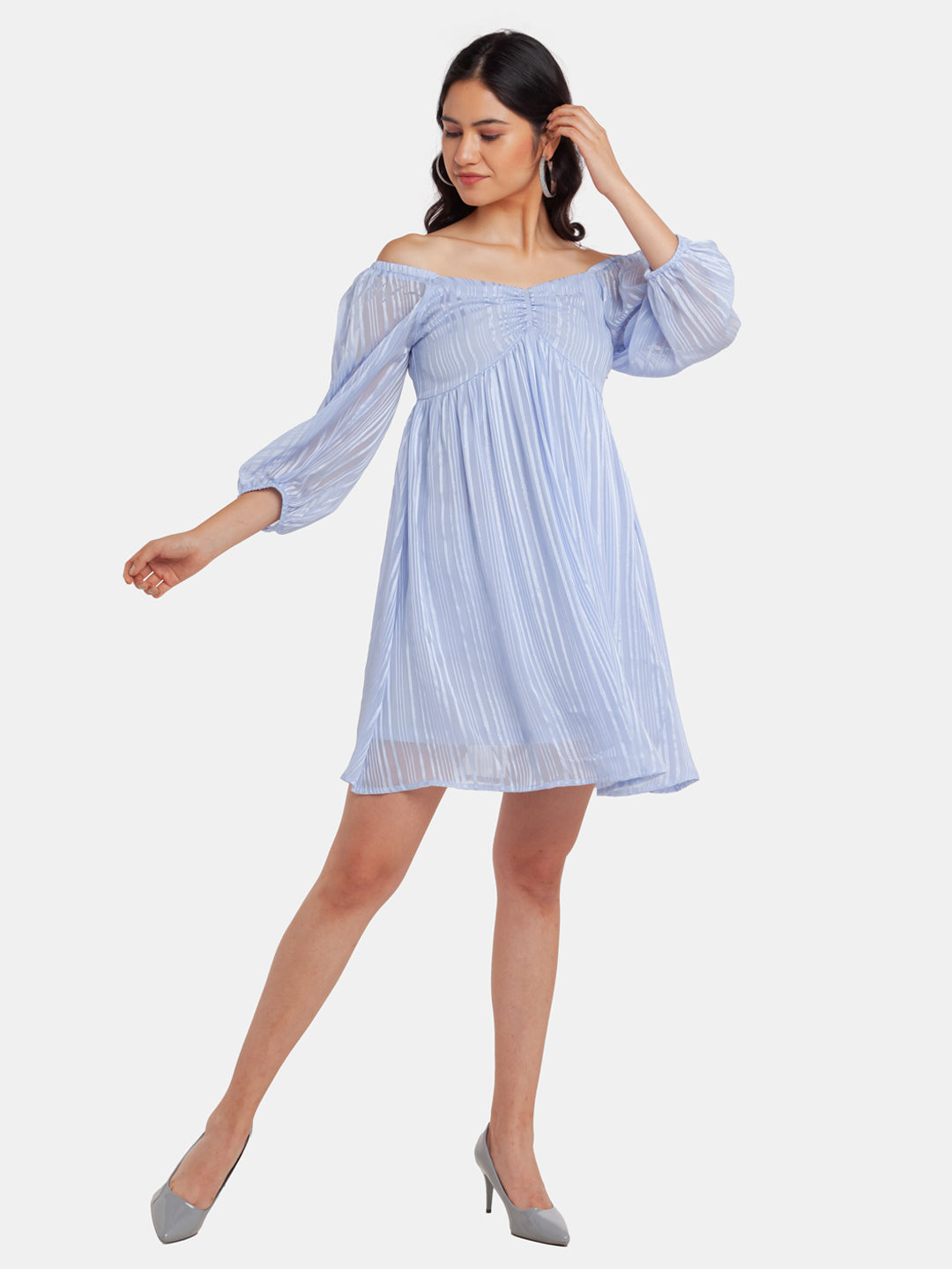 Blue Puff Sleeve Short Dress For Women