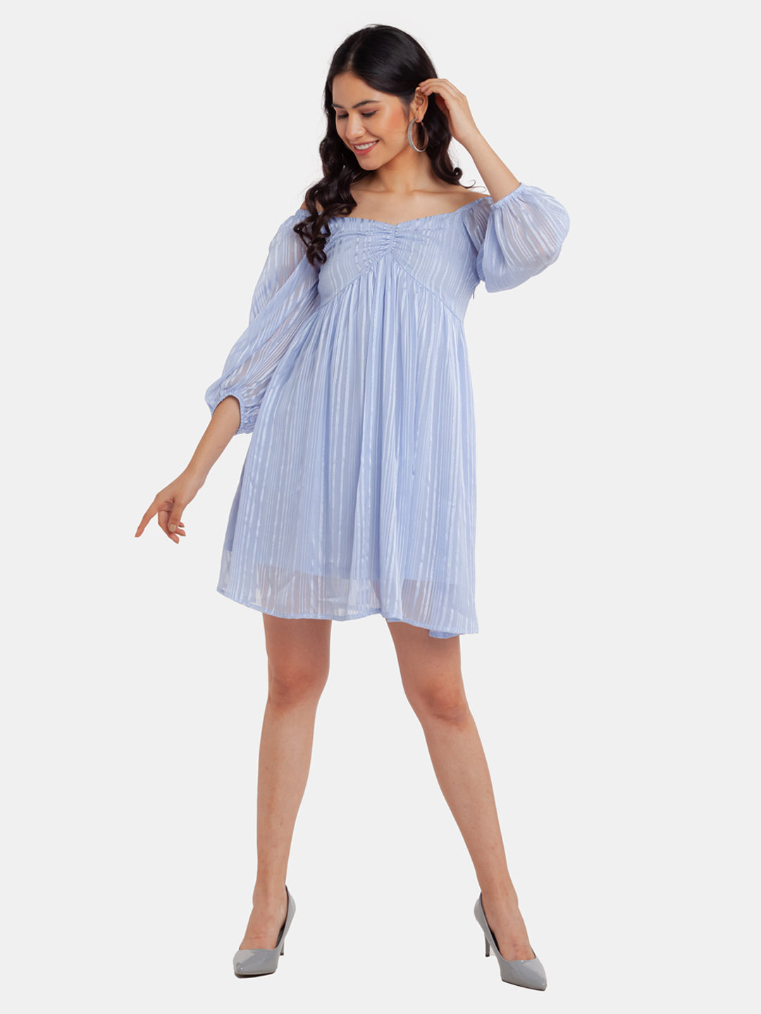 Blue Puff Sleeve Short Dress For Women
