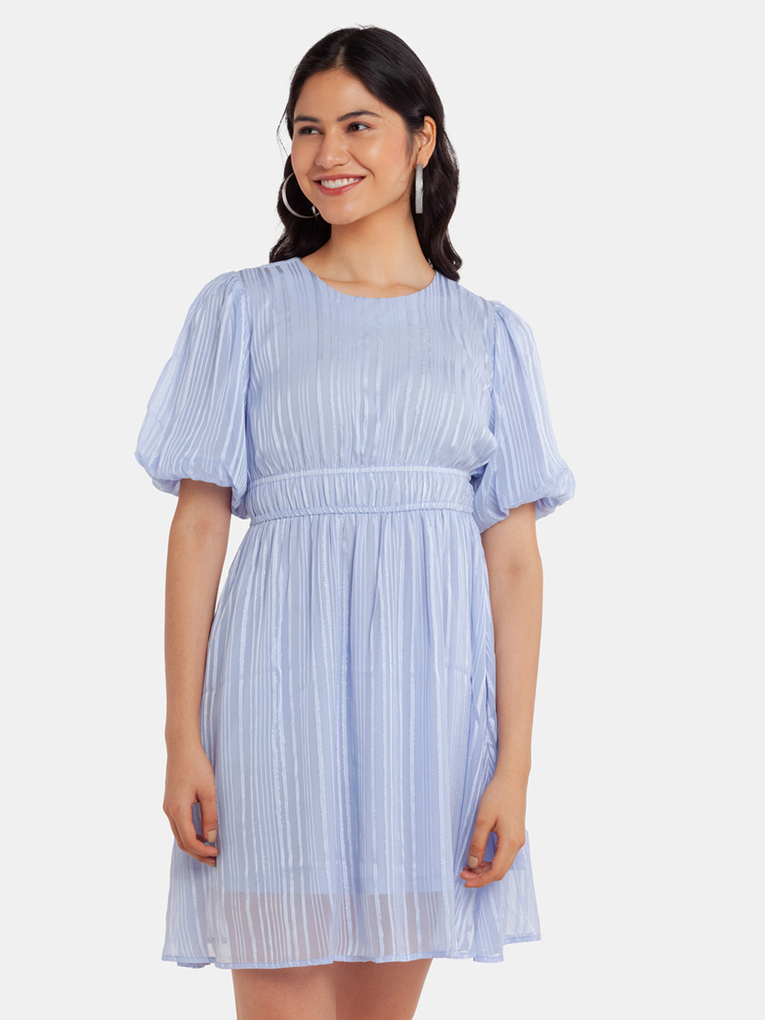 Blue Puff Sleeve Short Dress