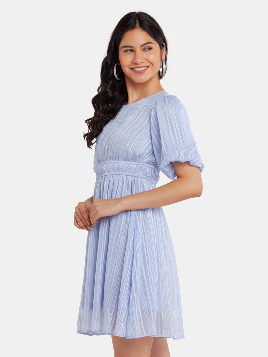 Blue Puff Sleeve Short Dress