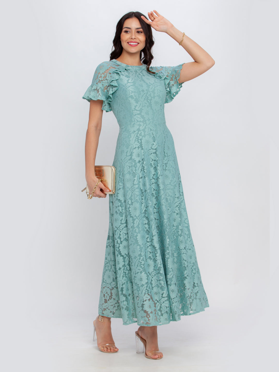 Green Self Design Flared Sleeve Maxi Dress