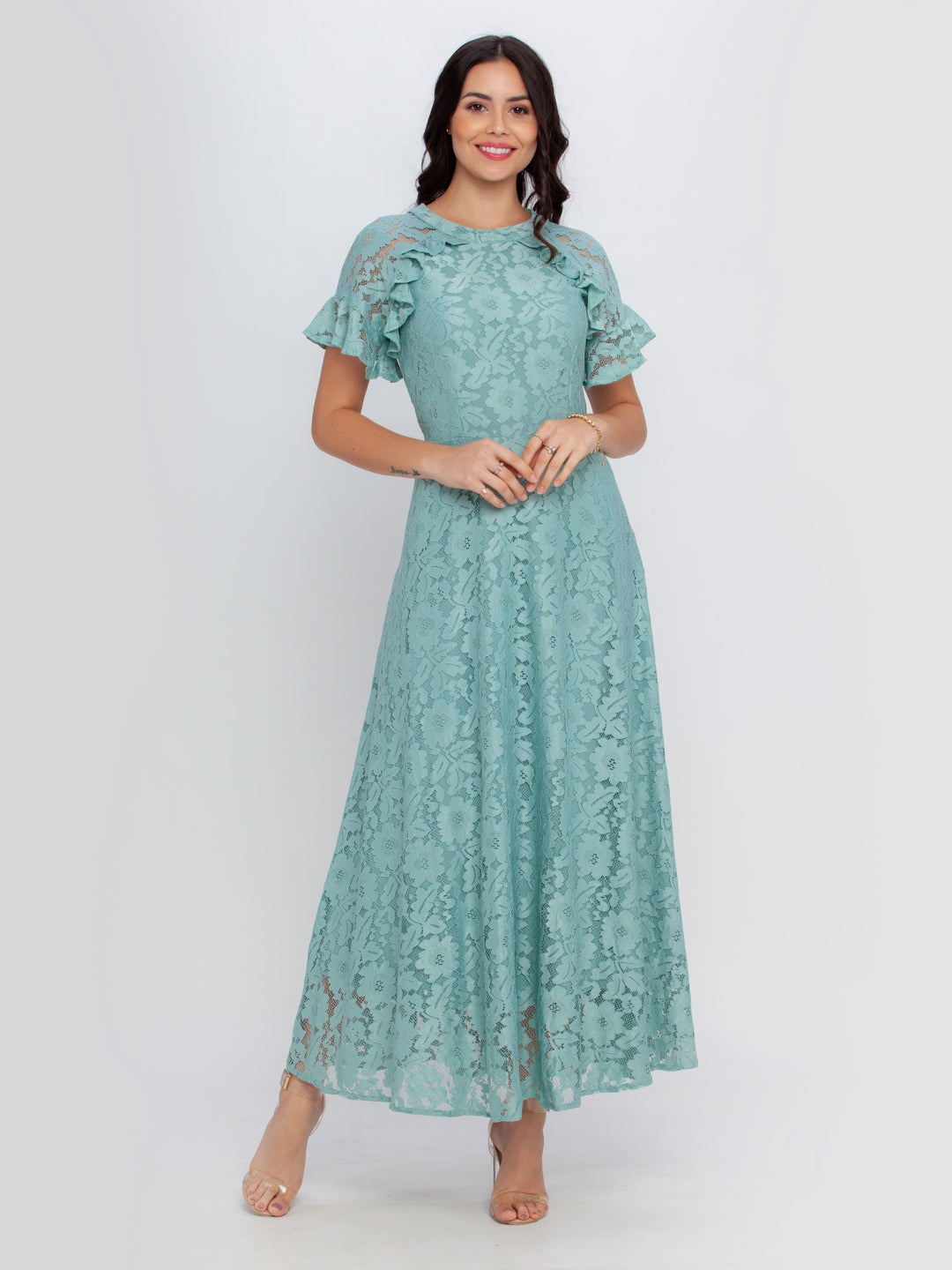 Green Self Design Flared Sleeve Maxi Dress